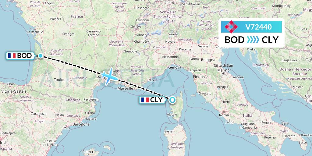 V72440 Volotea Flight Map: Bordeaux to Calvi