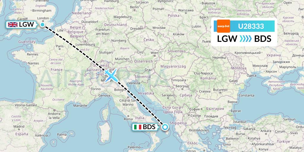 U28333 EasyJet Flight Map: London to Brindisi