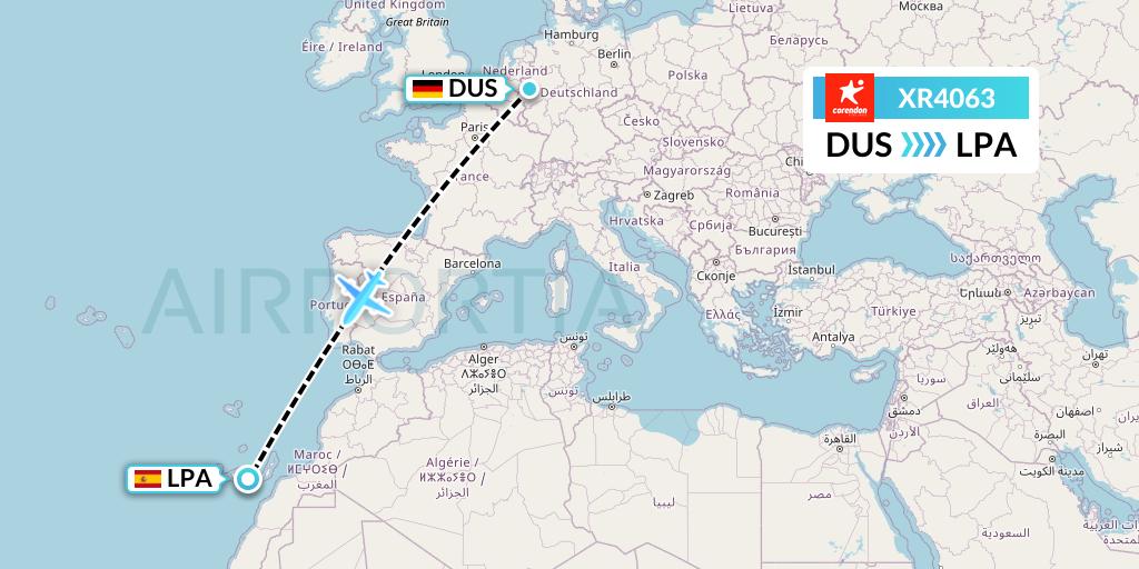 XR4063 Corendon Airlines Europe Flight Map: Dusseldorf to Las Palmas
