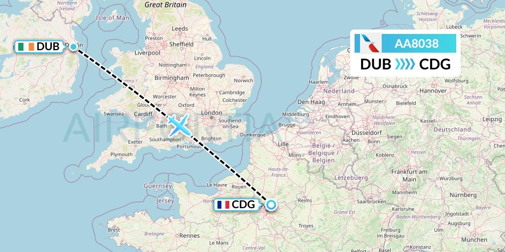 AA8038 American Airlines Flight Map: Dublin to Paris