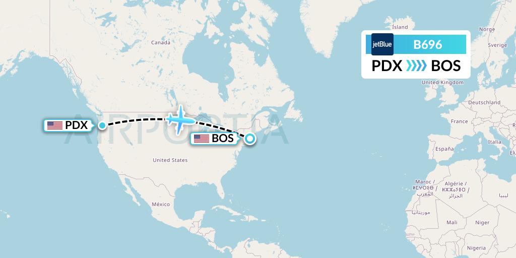 B696 JetBlue Airways Flight Map: Portland to Boston