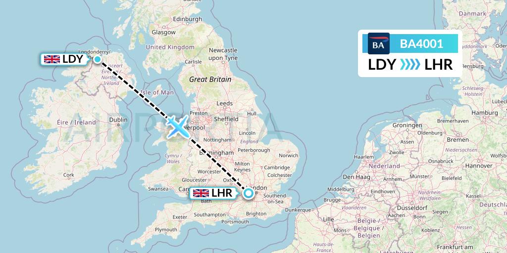 BA4001 British Airways Flight Map: Londonderry to London