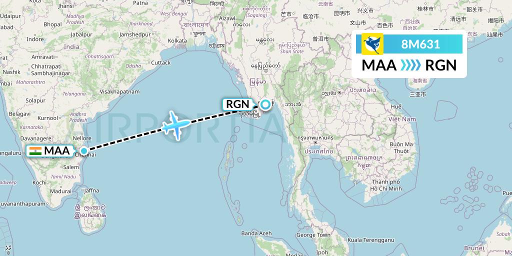 8M631 Myanmar Airways International Flight Map: Chennai to Yangon