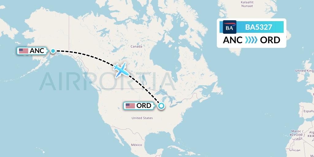 BA5327 British Airways Flight Map: Anchorage to Chicago