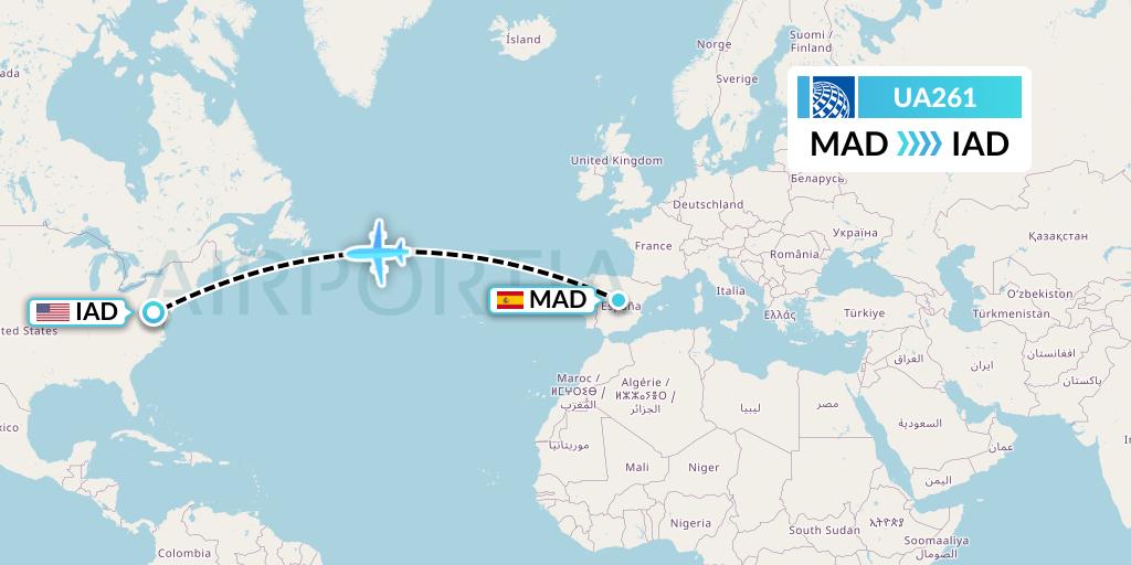 UA261 United Airlines Flight Map: Madrid to Washington