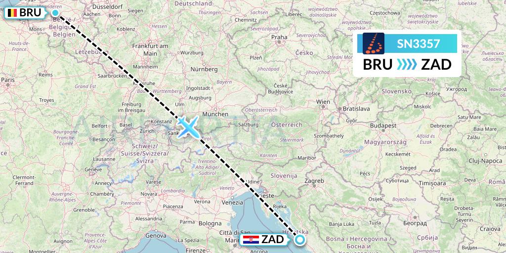 SN3357 Brussels Airlines Flight Map: Brussels to Zadar