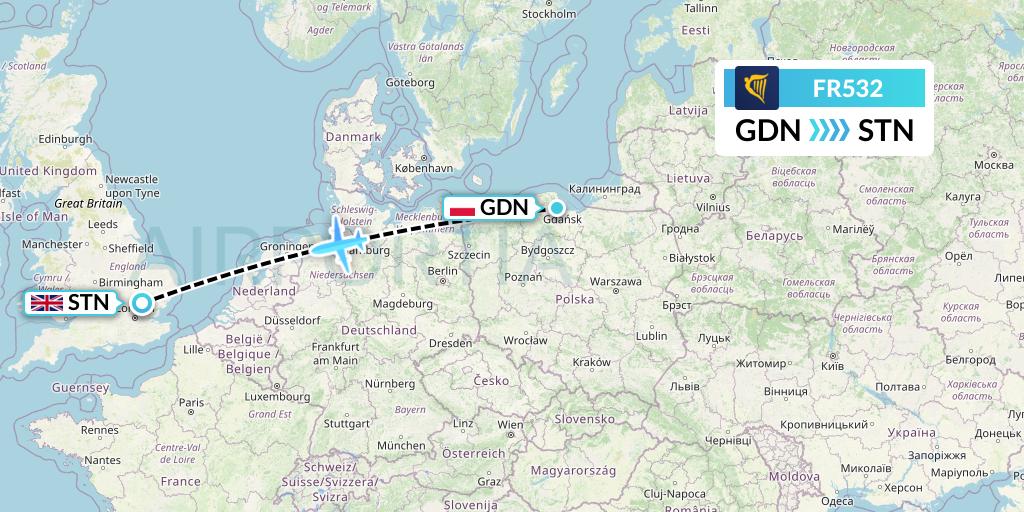 FR532 Ryanair Flight Map: Gdansk to London
