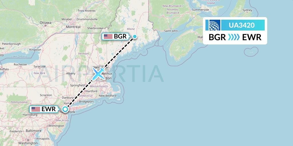 UA3420 United Airlines Flight Map: Bangor to New York