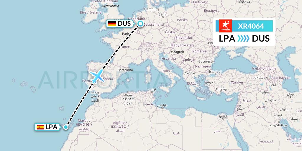 XR4064 Corendon Airlines Europe Flight Map: Las Palmas to Dusseldorf