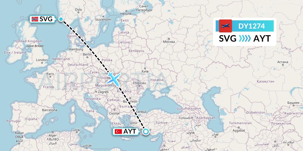 DY1274 Norwegian Flight Map: Stavanger to Antalya