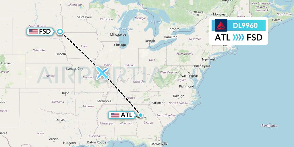 DL9960 Delta Air Lines Flight Map: Atlanta to Sioux Falls