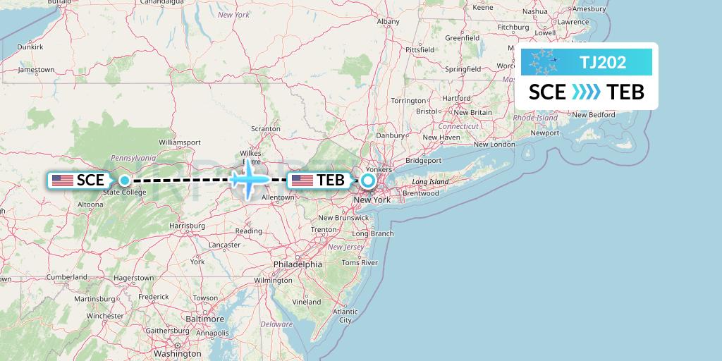 TJ202 Tradewind Aviation Flight Map: State College to Teterboro