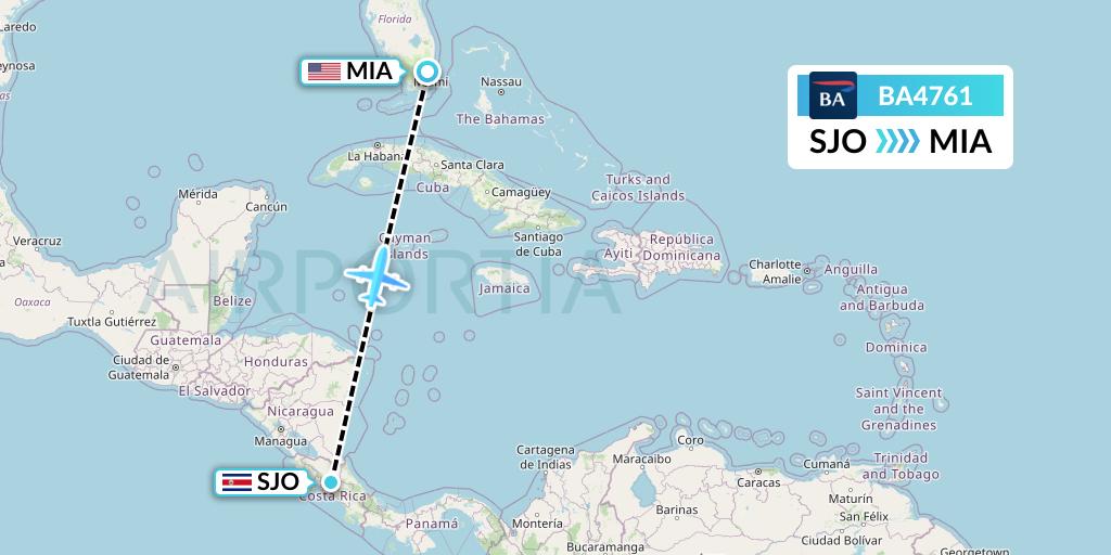 BA4761 British Airways Flight Map: San Jose to Miami