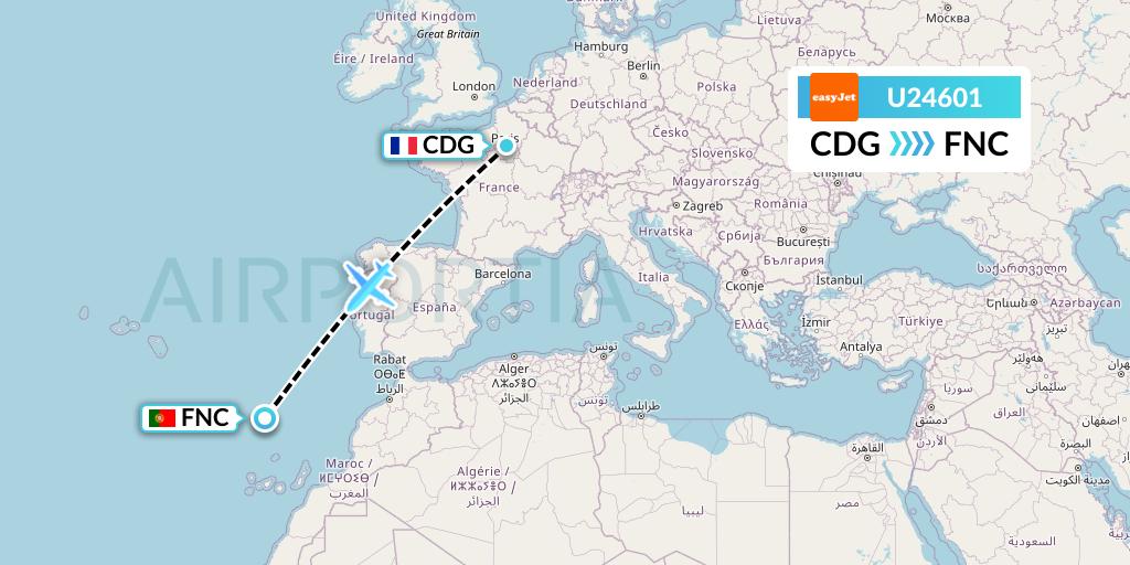 U24601 EasyJet Flight Map: Paris to Funchal