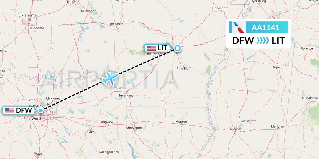 AA1141 American Airlines Flight Map: Dallas to Little Rock