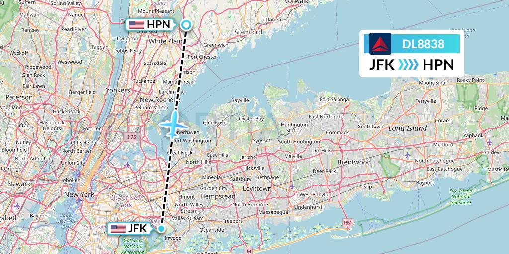 DL8838 Delta Air Lines Flight Map: New York to White Plains