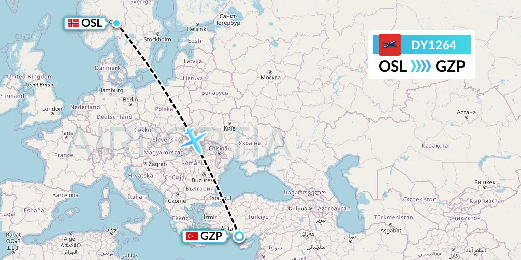 DY1264 Norwegian Flight Map: Oslo to Gazipasa