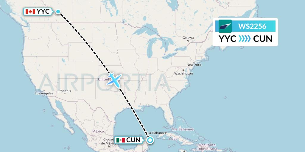 WS2256 WestJet Flight Map: Calgary to Cancun