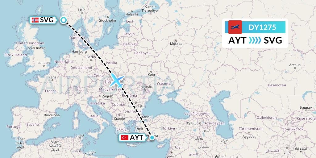 DY1275 Norwegian Flight Map: Antalya to Stavanger