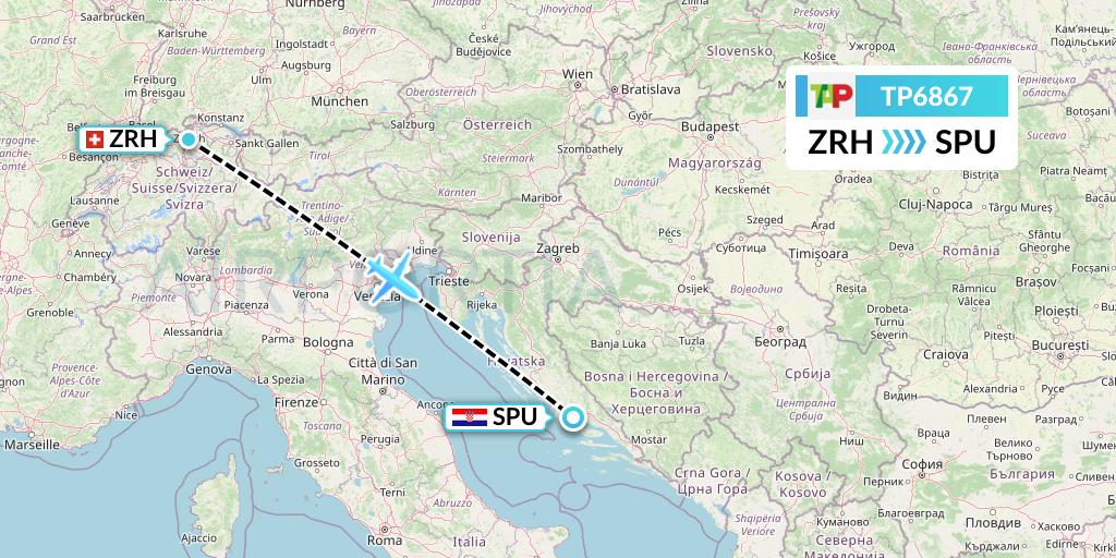 TP6867 TAP Portugal Flight Map: Zurich to Split