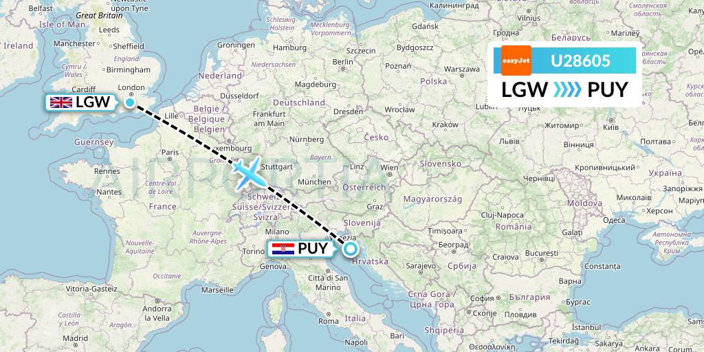 U28605 EasyJet Flight Map: London to Pula