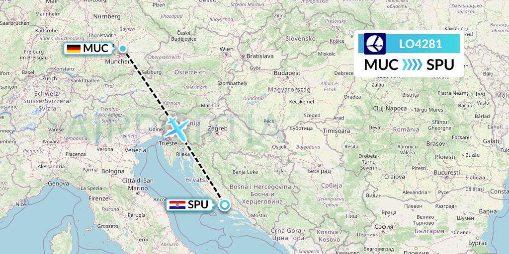 LO4281 LOT Flight Map: Munich to Split
