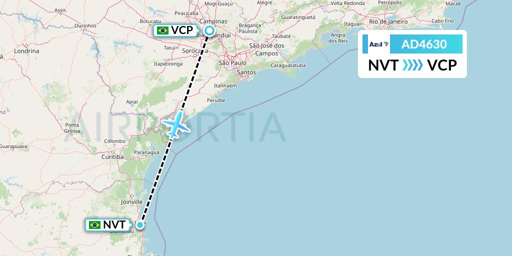 AD4630 Azul Brazilian Airlines Flight Map: Navegantes to Campinas