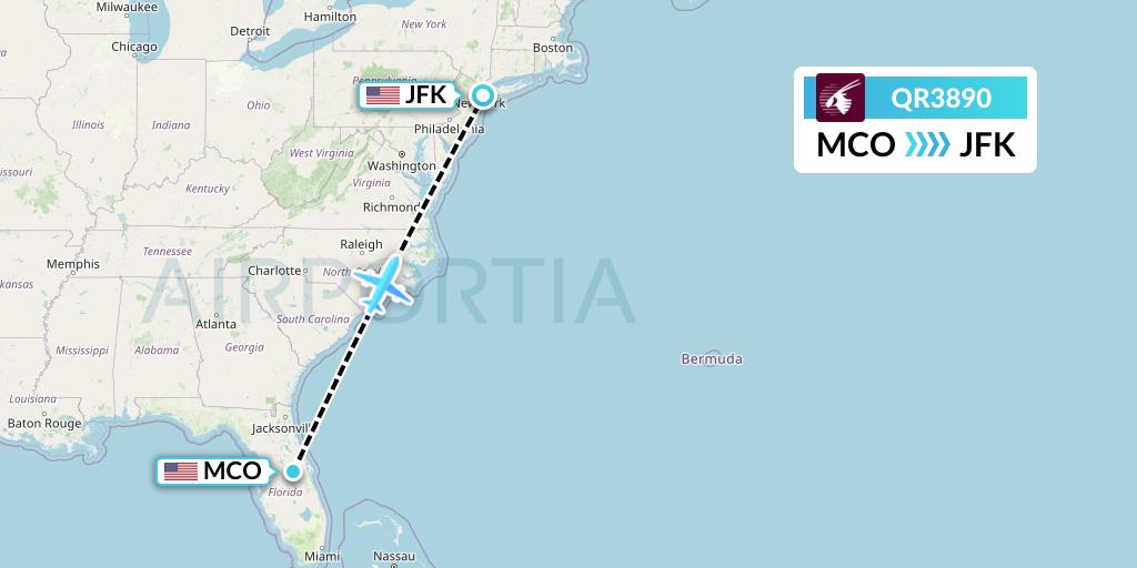 QR3890 Qatar Airways Flight Map: Orlando to New York