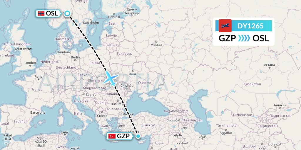 DY1265 Norwegian Flight Map: Gazipasa to Oslo