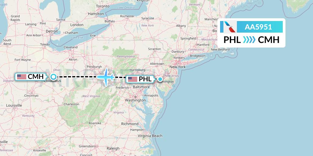 AA5951 American Airlines Flight Map: Philadelphia to Columbus
