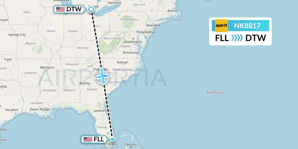NK8817 Spirit Airlines Flight Map: Fort Lauderdale to Detroit