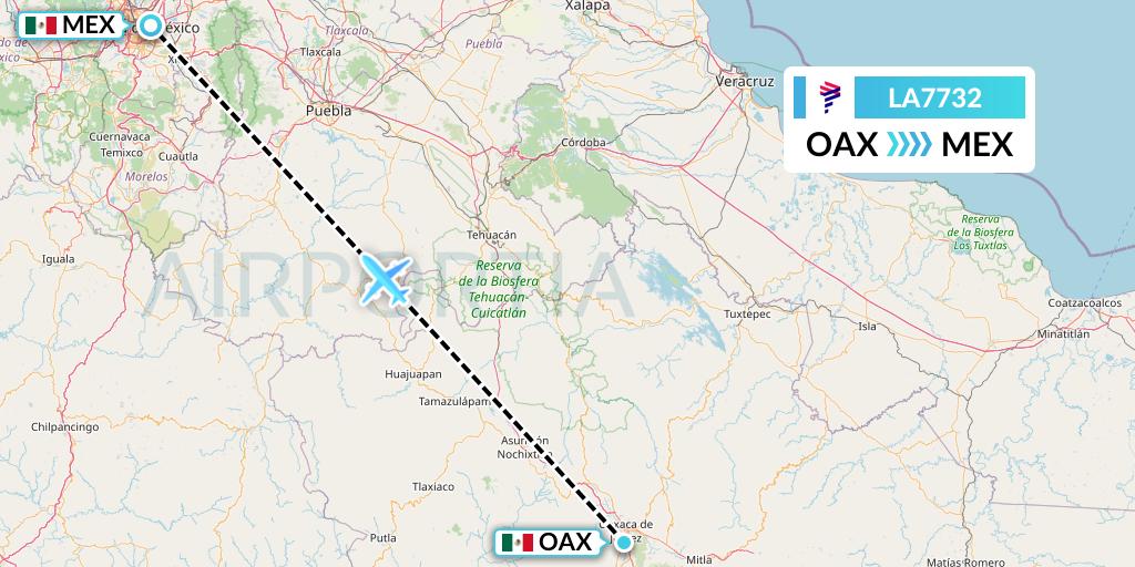 LA7732 LAN Airlines Flight Map: Oaxaca to Mexico City