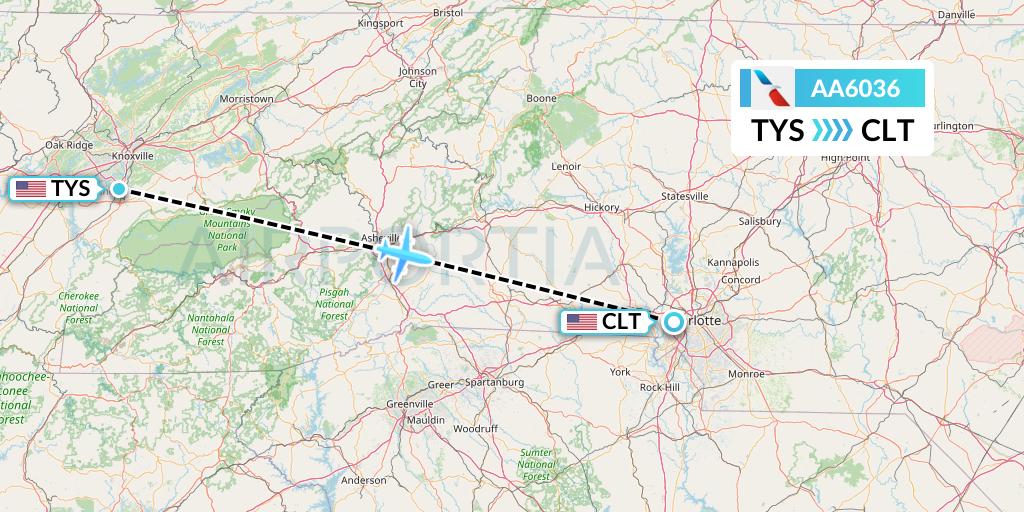 AA6036 American Airlines Flight Map: Knoxville to Charlotte