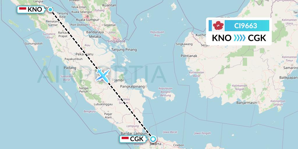 CI9663 China Airlines Flight Map: Medan to Jakarta