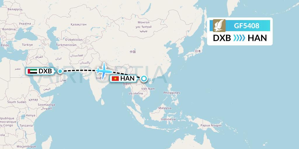 GF5408 Gulf Air Flight Map: Dubai to Hanoi