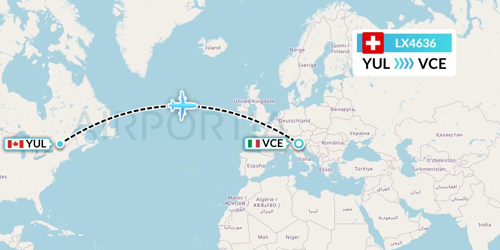 LX4636 Swiss Flight Map: Montreal to Venice