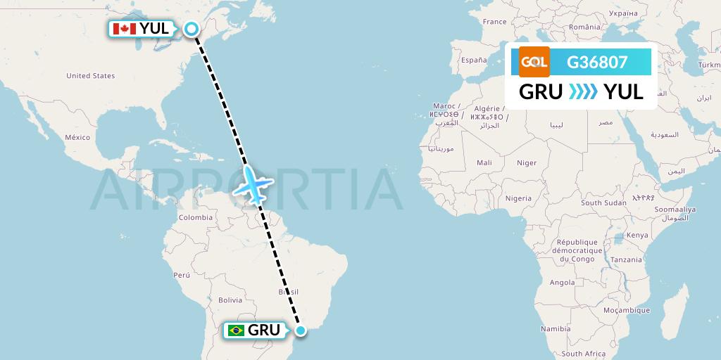 G36807 GOL Transportes Aeros Flight Map: Sao Paulo to Montreal