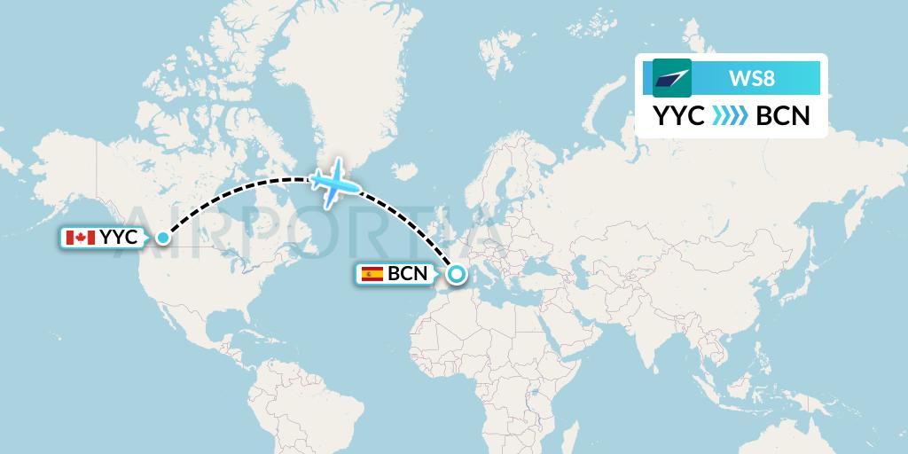 WS8 WestJet Flight Map: Calgary to Barcelona