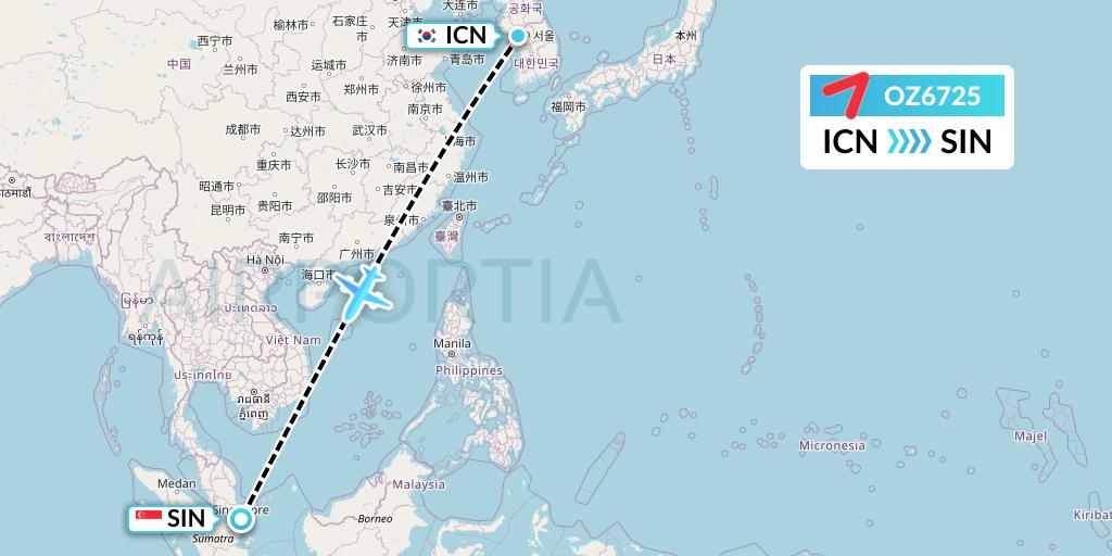 OZ6725 Asiana Airlines Flight Map: Seoul to Singapore