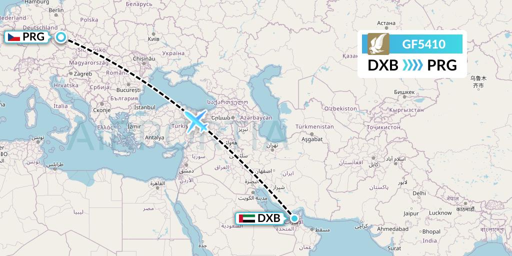 GF5410 Gulf Air Flight Map: Dubai to Prague