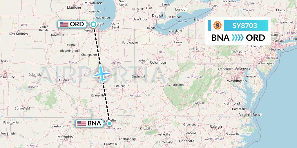 SY8703 Sun Country Airlines Flight Map: Nashville to Chicago