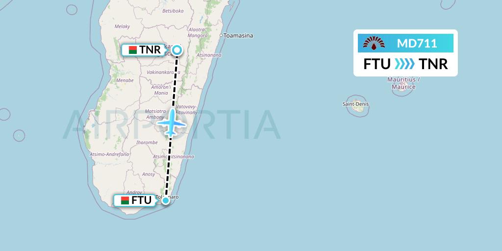 MD711 Air Madagascar Flight Map: Tolanaro to Antananarivo