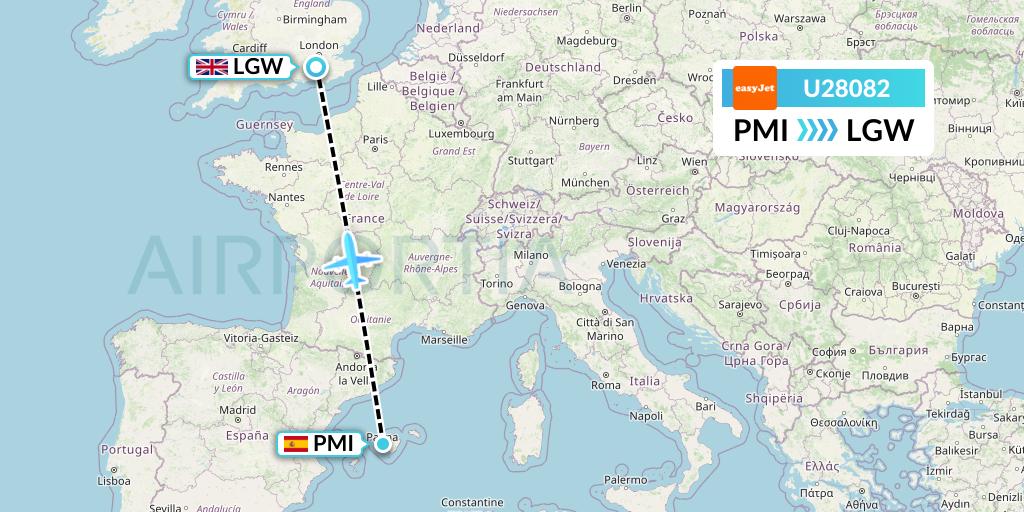 U28082 EasyJet Flight Map: Palma de Mallorca to London