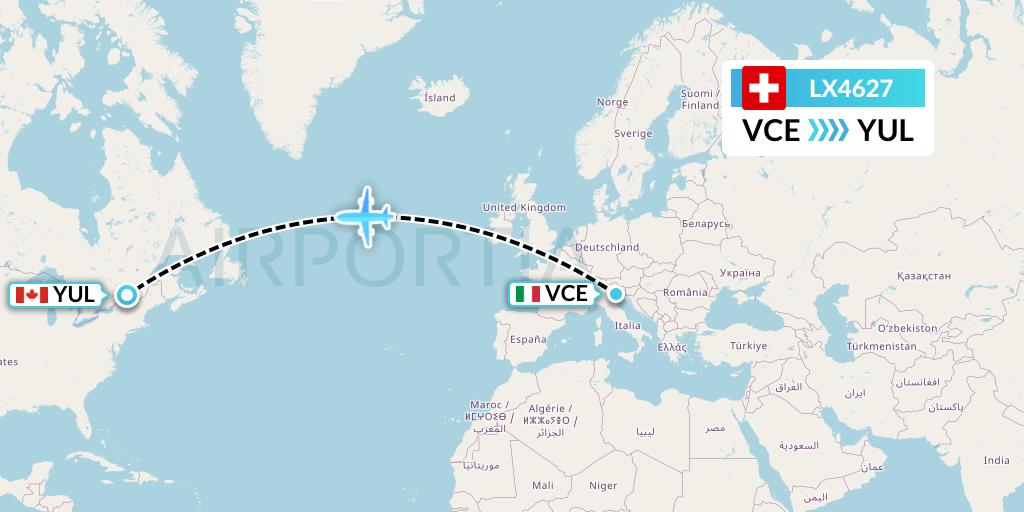 LX4627 Swiss Flight Map: Venice to Montreal