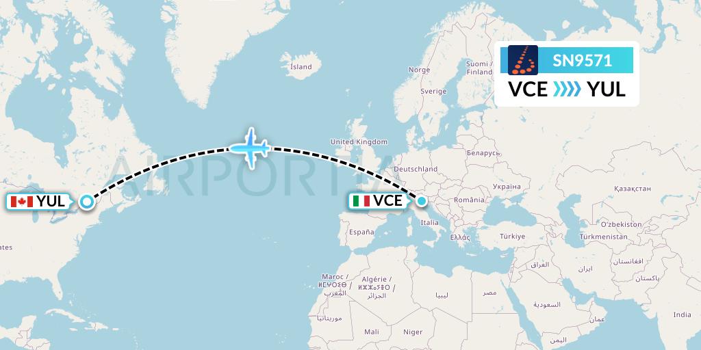 SN9571 Brussels Airlines Flight Map: Venice to Montreal