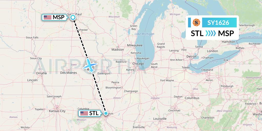 SY1626 Sun Country Airlines Flight Map: St. Louis to Minneapolis