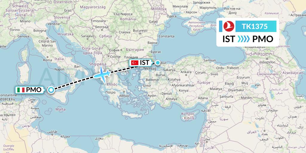 TK1375 Turkish Airlines Flight Map: Istanbul to Palermo