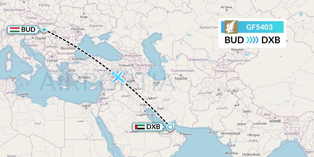 GF5403 Gulf Air Flight Map: Budapest to Dubai