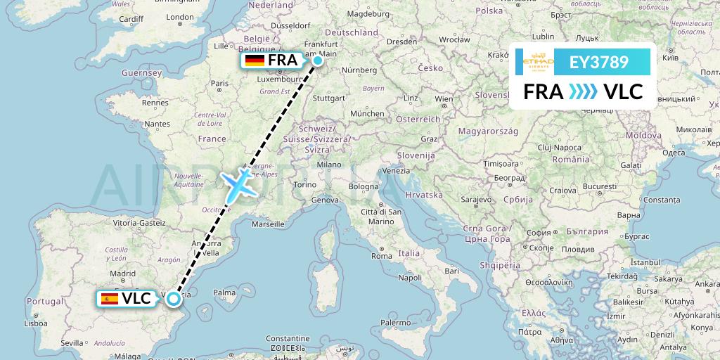EY3789 Etihad Airways Flight Map: Frankfurt to Valencia