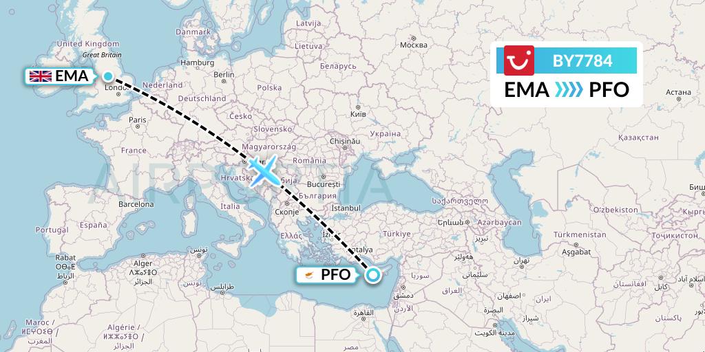 BY7784 TUI Airways Flight Map: East Midlands to Pafos